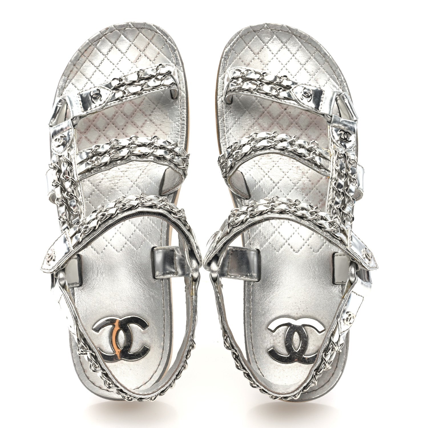 Metallic Laminated Goatskin Chain Flat Sandals 39 Silver