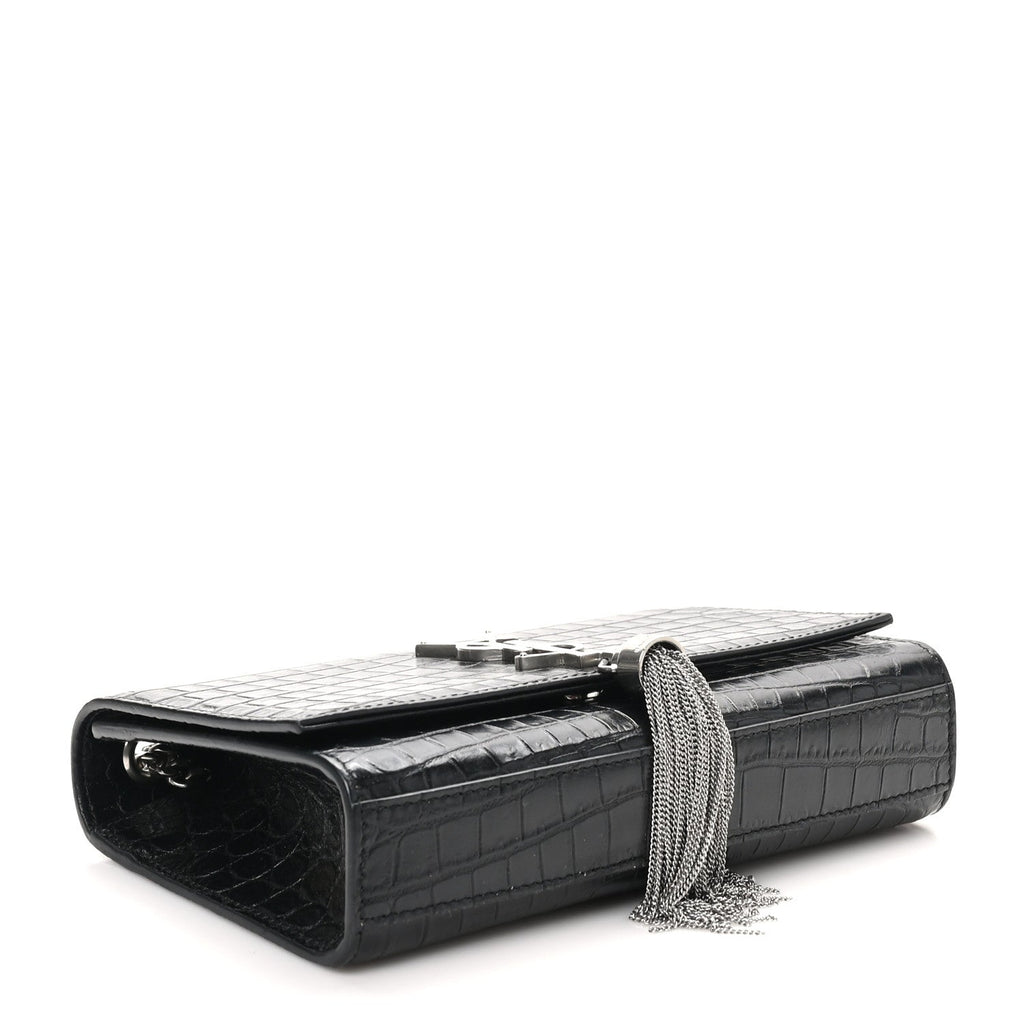 Calfskin Crocodile Embossed Small Classic Monogram Kate Tassel Satchel Black