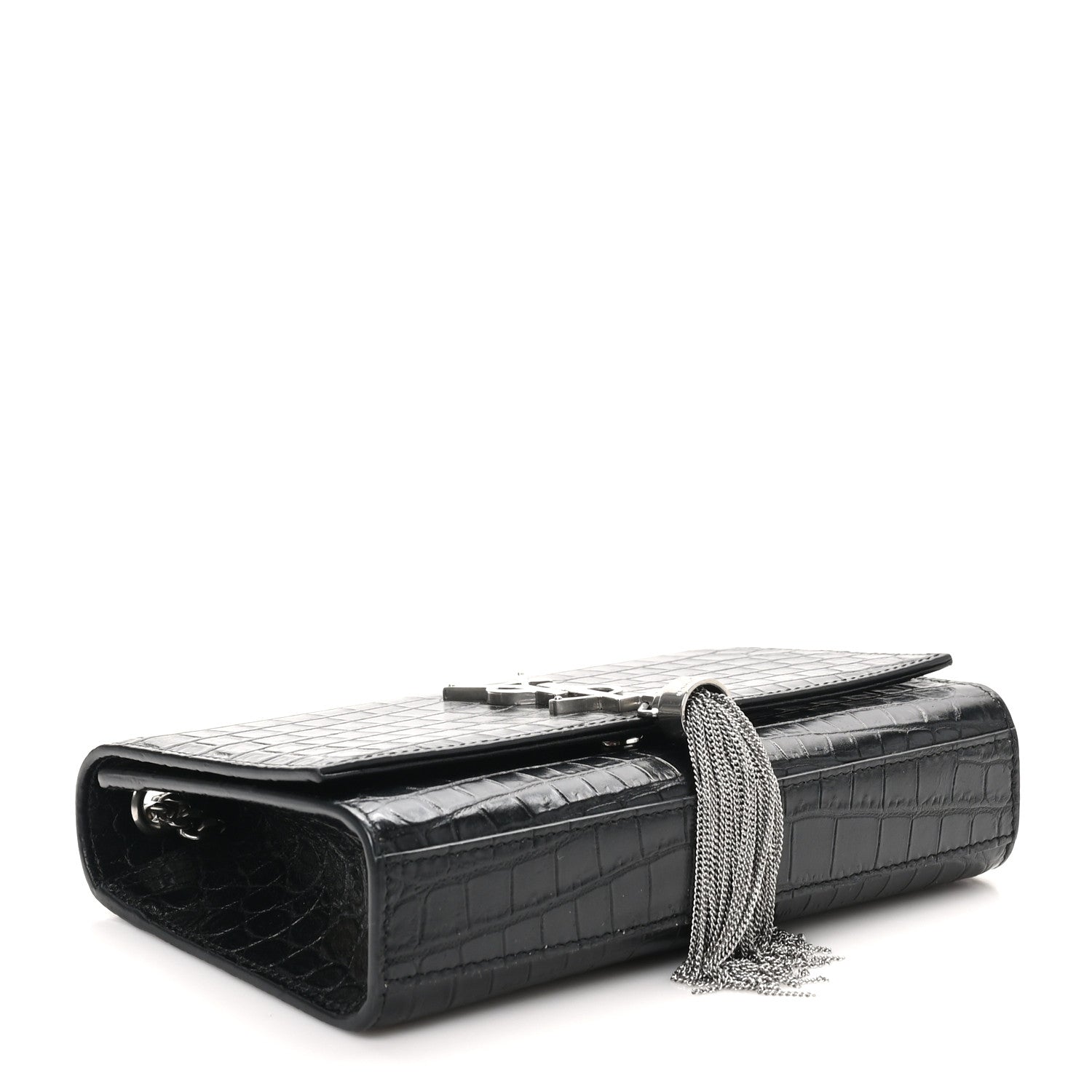 Calfskin Crocodile Embossed Small Classic Monogram Kate Tassel Satchel Black