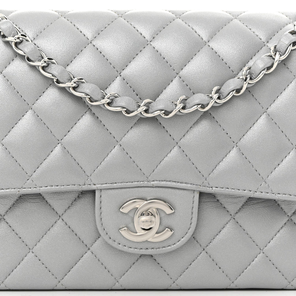 Iridescent Lambskin Quilted Medium Double Flap Grey