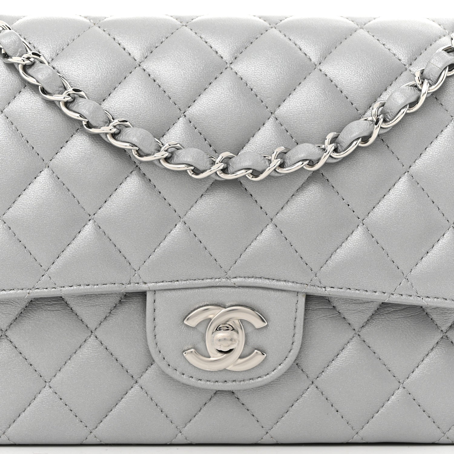 Iridescent Lambskin Quilted Medium Double Flap Grey
