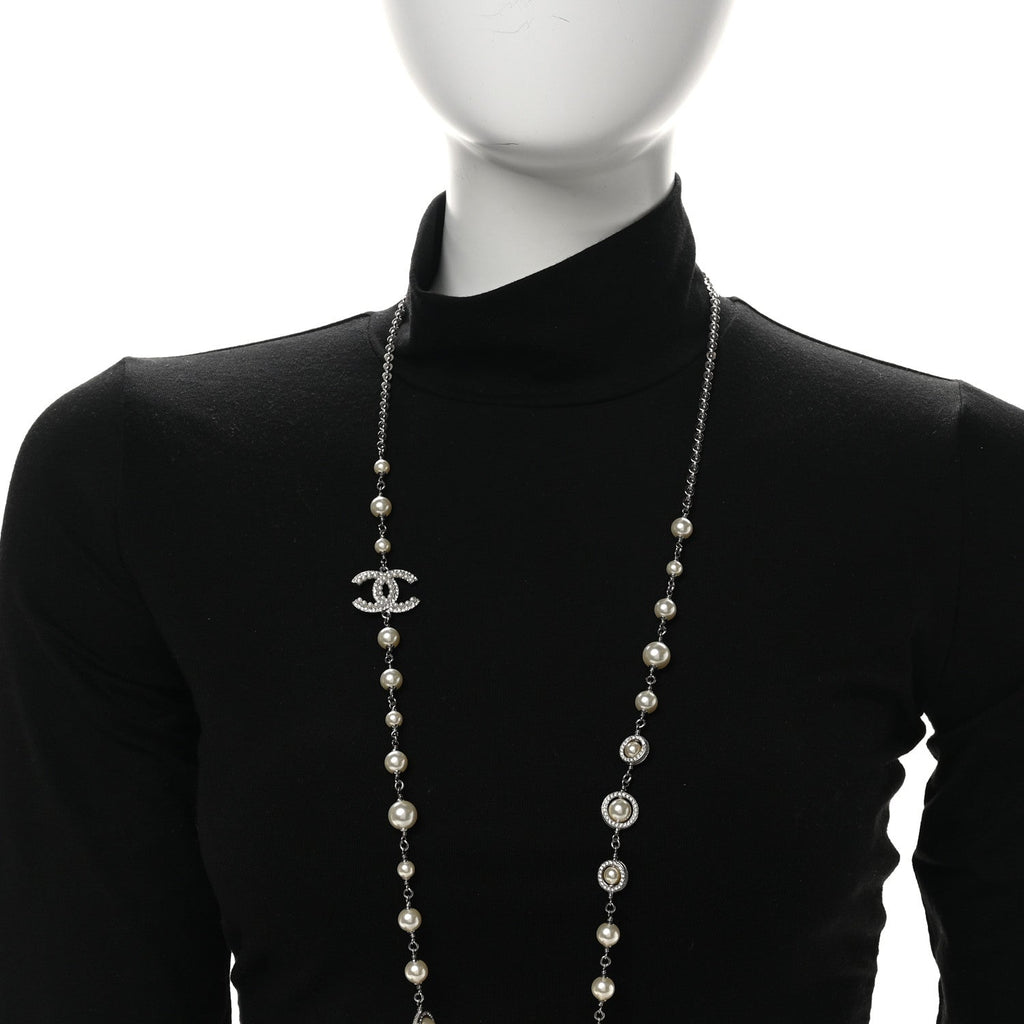 Graduated Pearl Crystal CC Long Necklace Silver