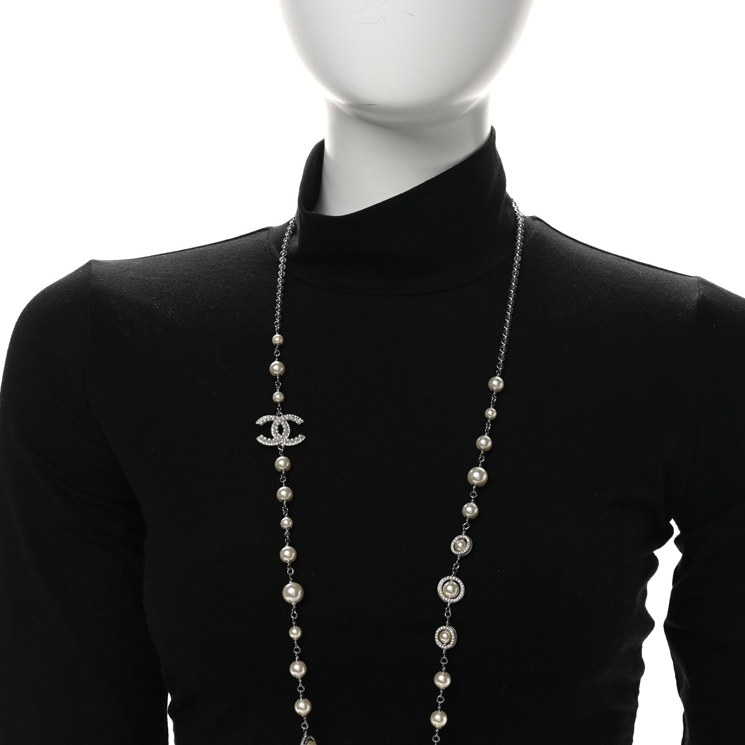 Graduated Pearl Crystal CC Long Necklace Silver