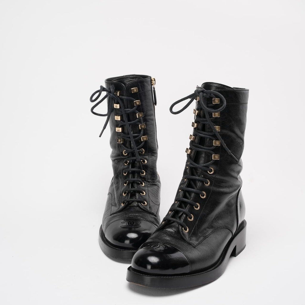 Chanel Black Calfskin Lace Up Combat Boots 39