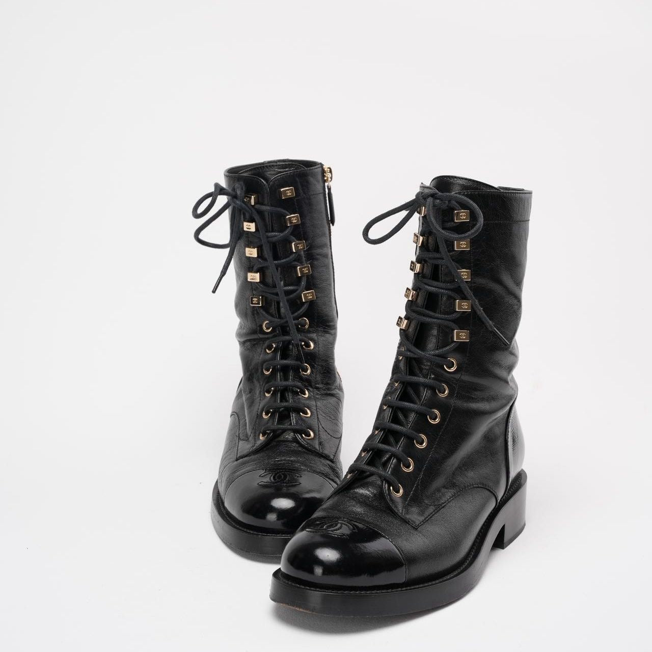 Chanel Black Calfskin Lace Up Combat Boots 39