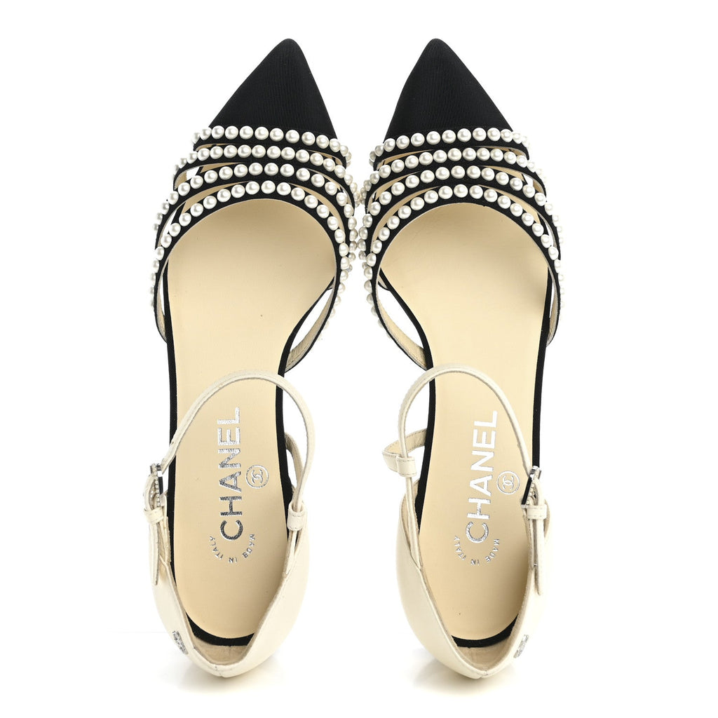 Lambskin Grosgrain Pearl Slingbacks 38.5 White Black