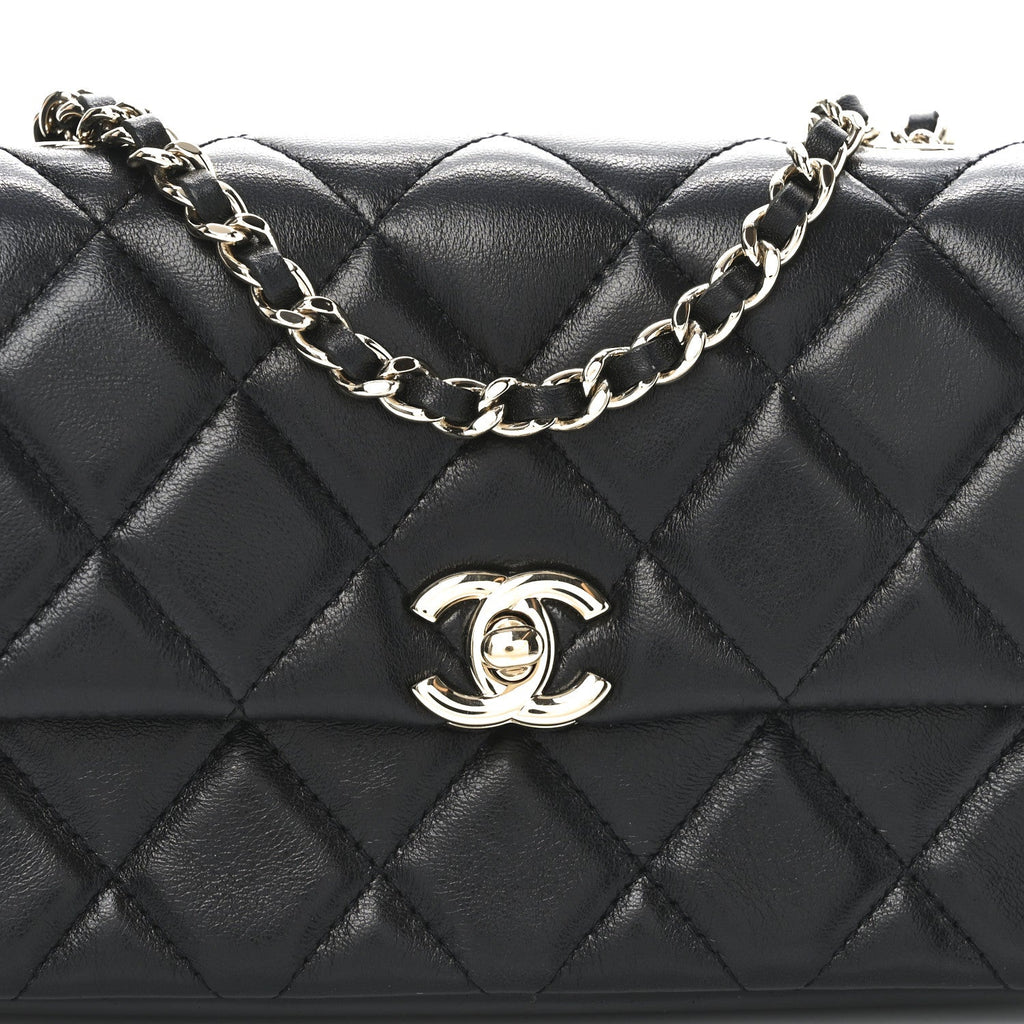 Lambskin Quilted Rectangular Phone Holder Clutch With Chain Black