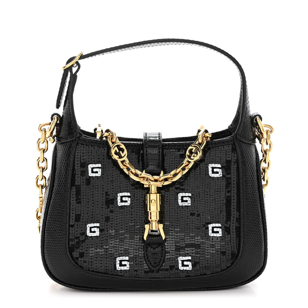 Lizard Sequin GG Monogram Mini Jackie 1961 Hobo Black White