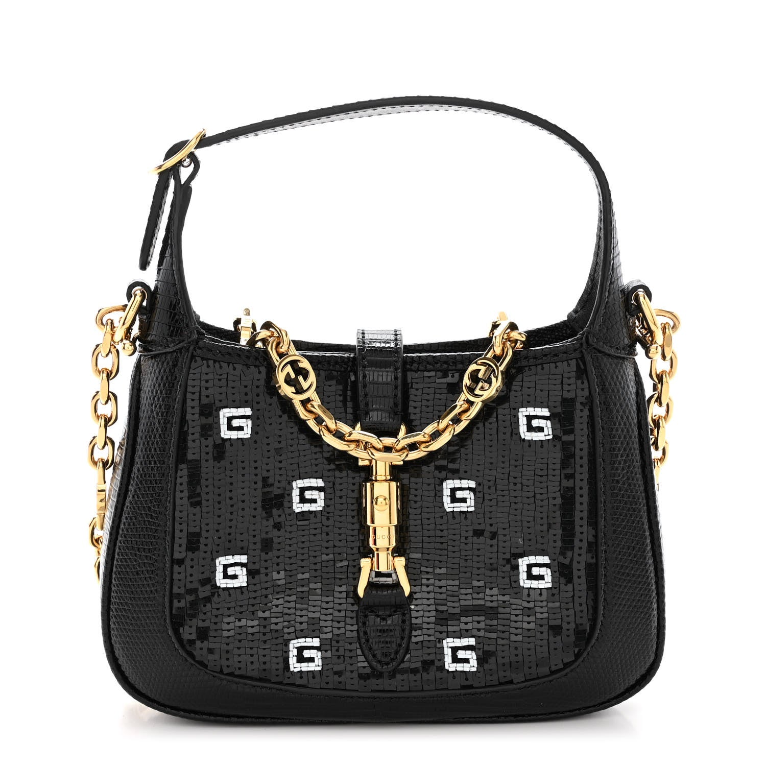 Lizard Sequin GG Monogram Mini Jackie 1961 Hobo Black White