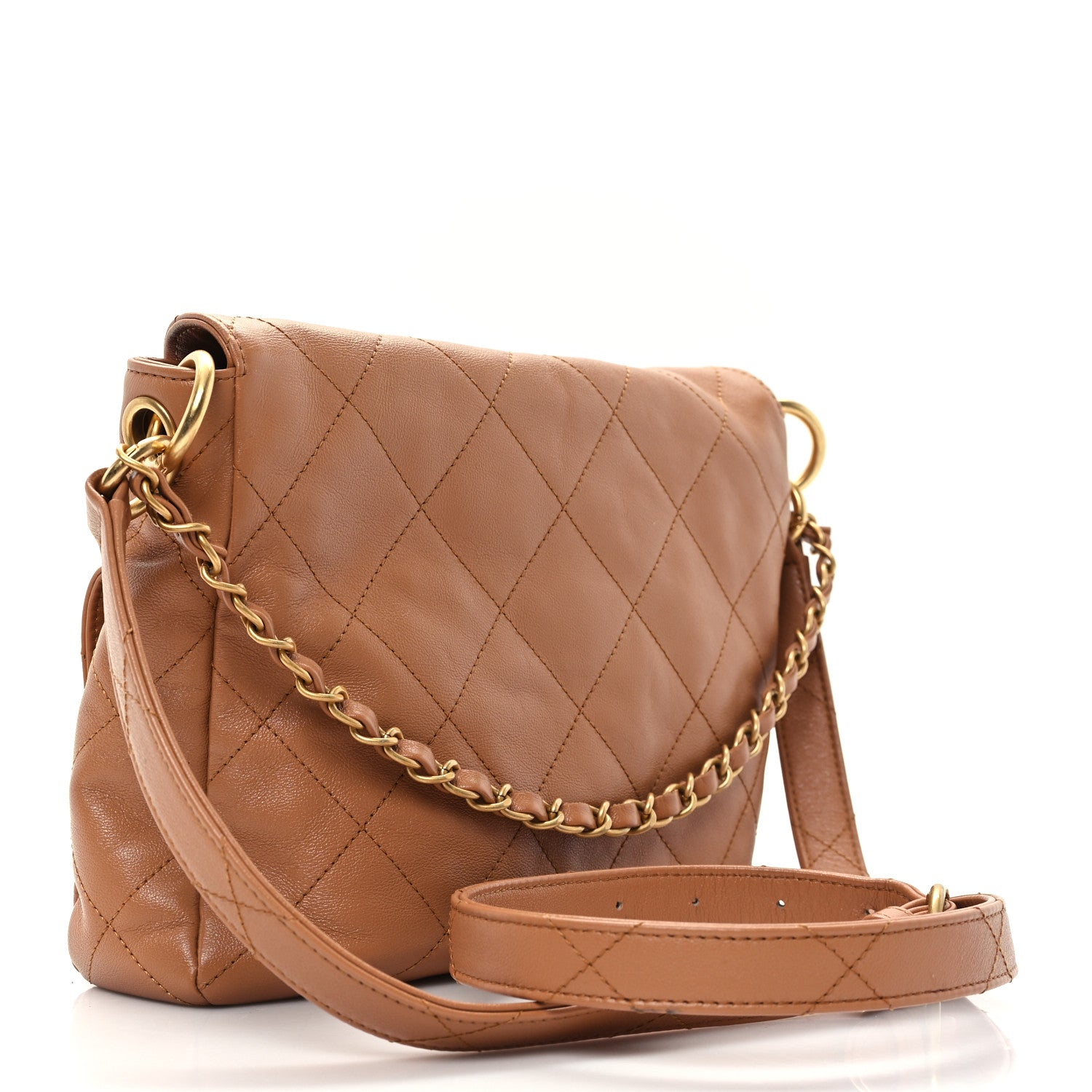 Shiny Calfskin Quilted Supple Twins Small Hobo Bag Brown