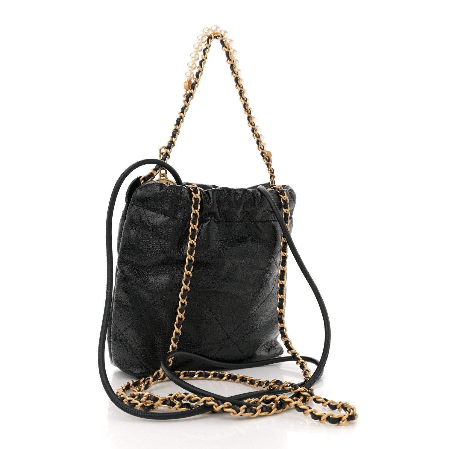 Shiny Crumpled Calfskin Quilted Pearl Mini Chanel 22 Black