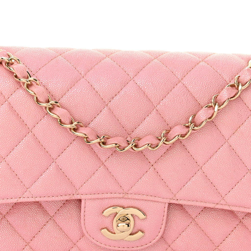 Iridescent Caviar Quilted Medium Double Flap Rose Pink