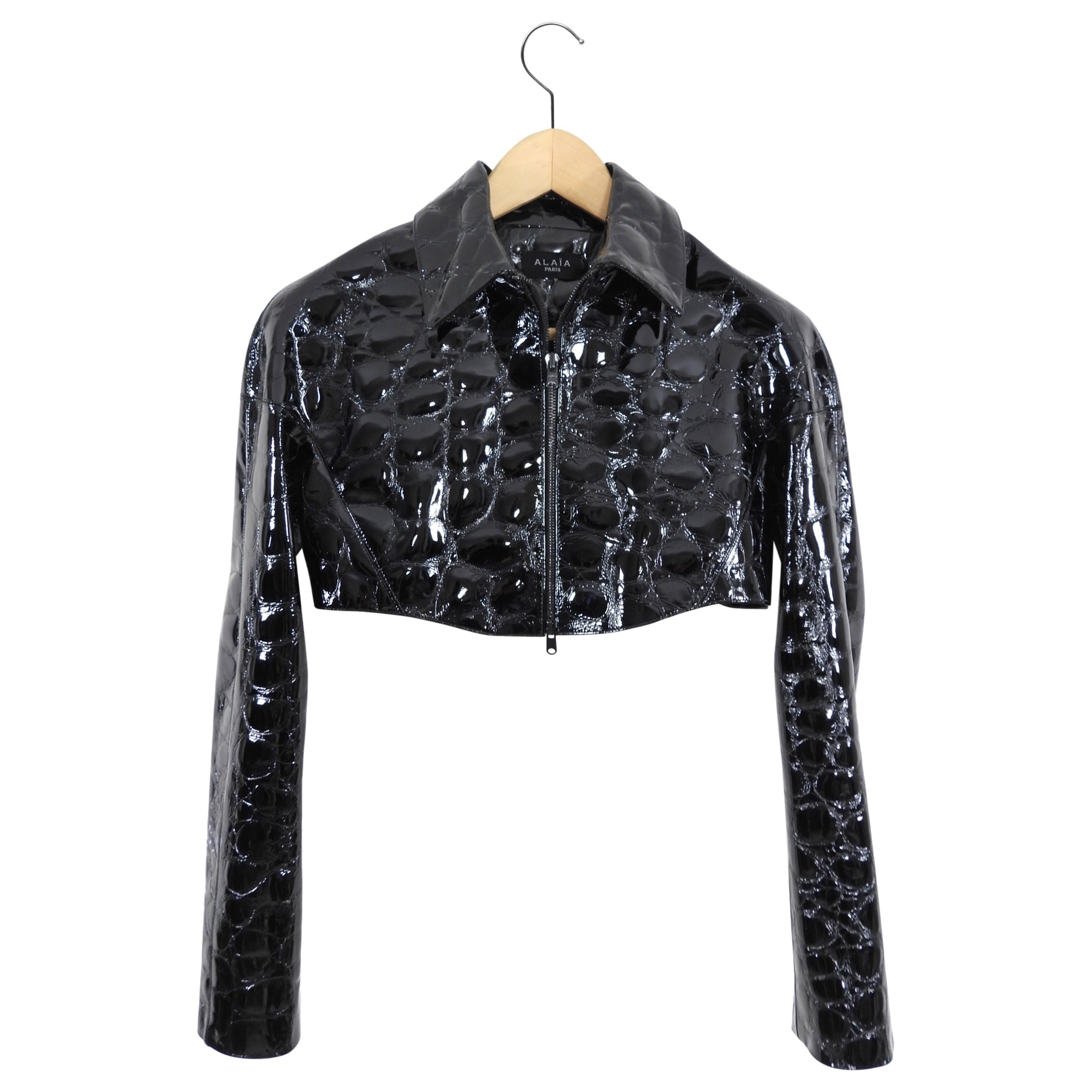 Alaia Black Patent Leather Croc Embossed Crop Bolero Jacket - S / FR38
