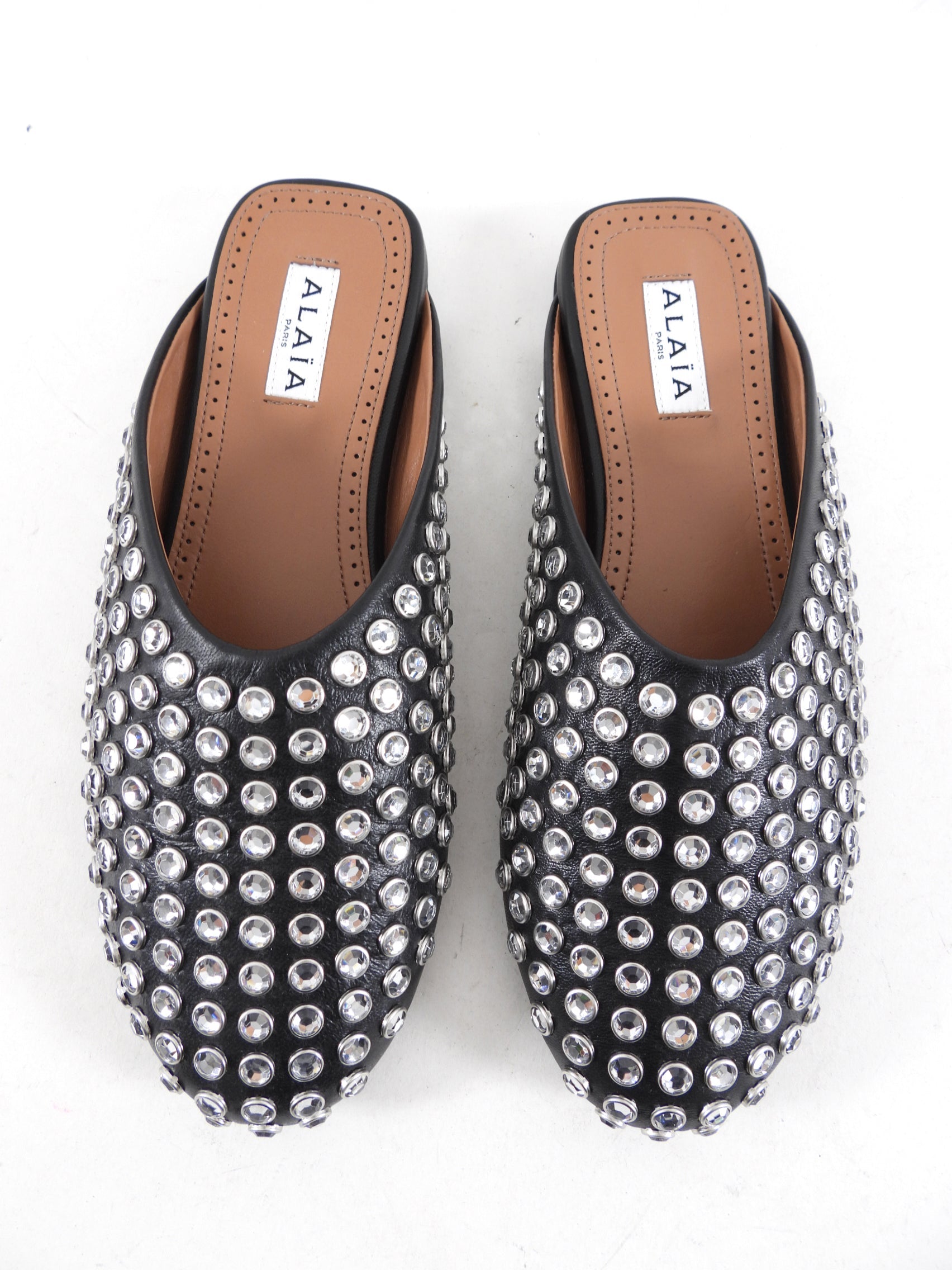 Alaia Black Leather Crystal Stud Flat Mules - 37