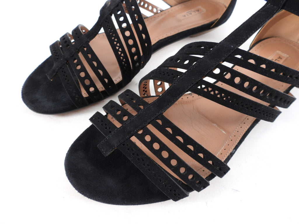 Alaia Black Suede Flat T-strap Sandals - 38 / 8.5
