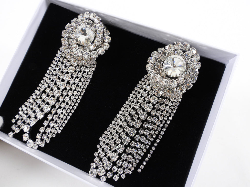 Alessandra Rich Huge Statement Rhinestone Crystal Fringe Earrings