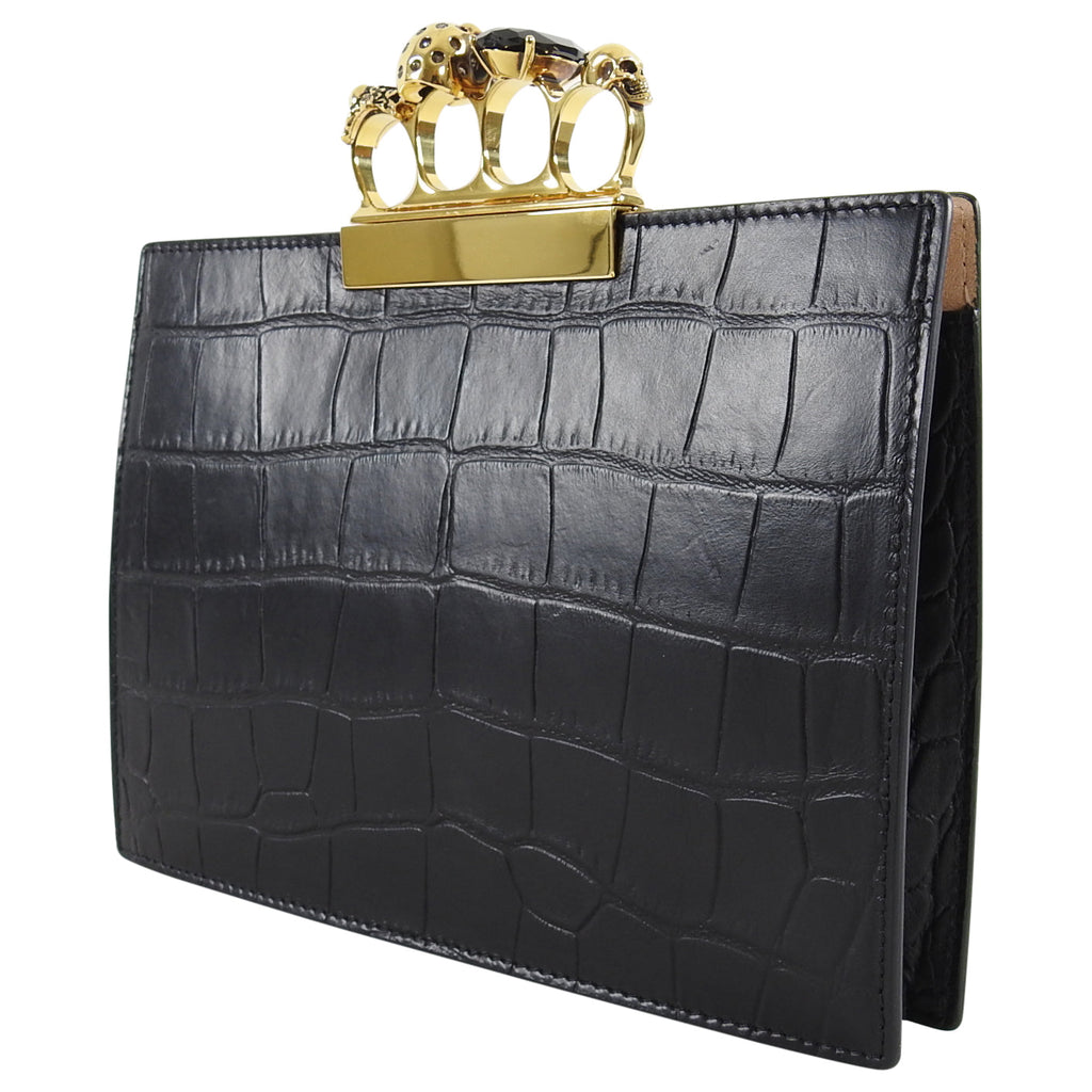Alexander McQueen Black Crocodile Embossed Knuckle Duster Evening Clutch Bag