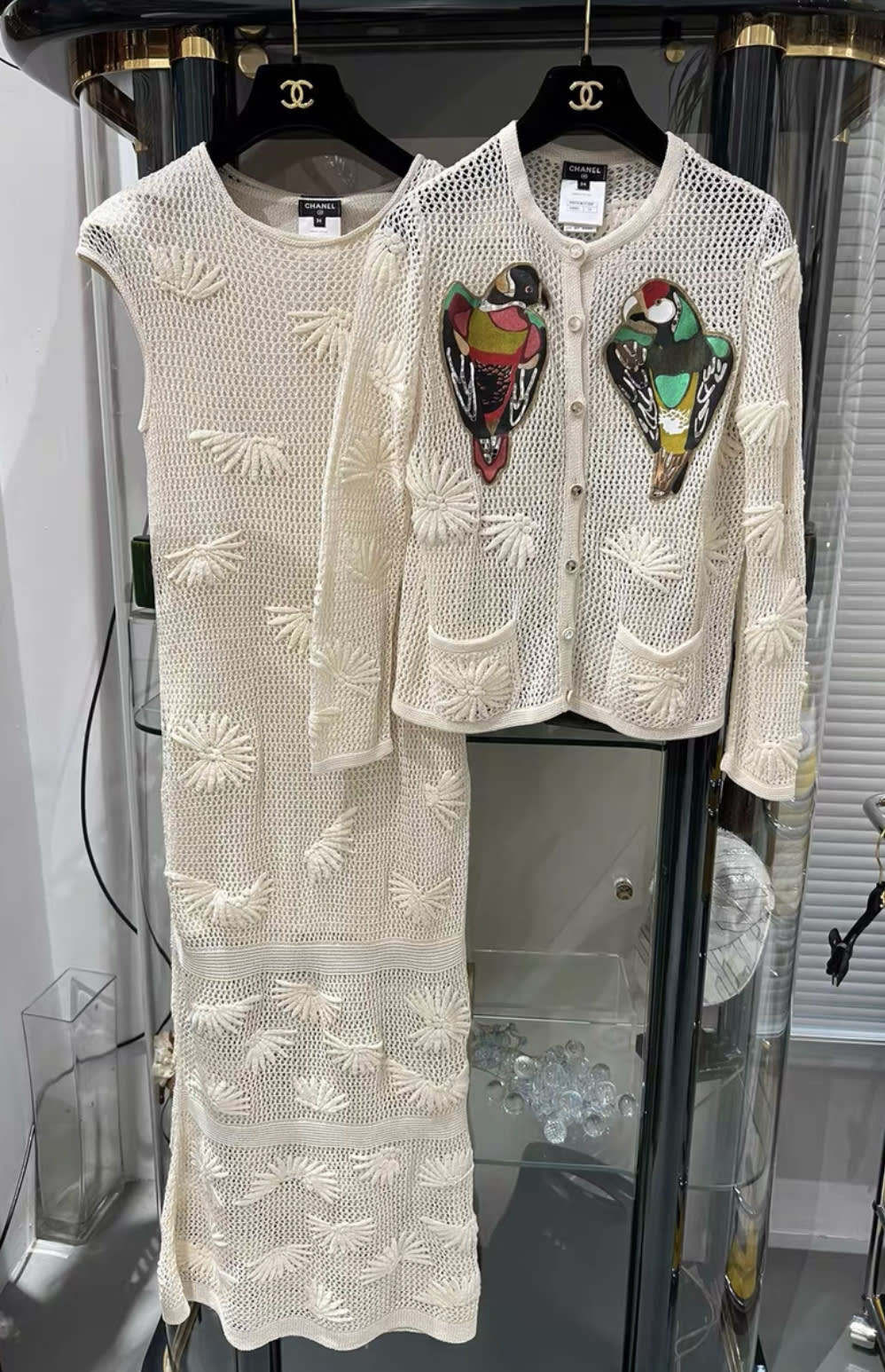 Chanel 17C crochet dress with parrot igan three pieces suit