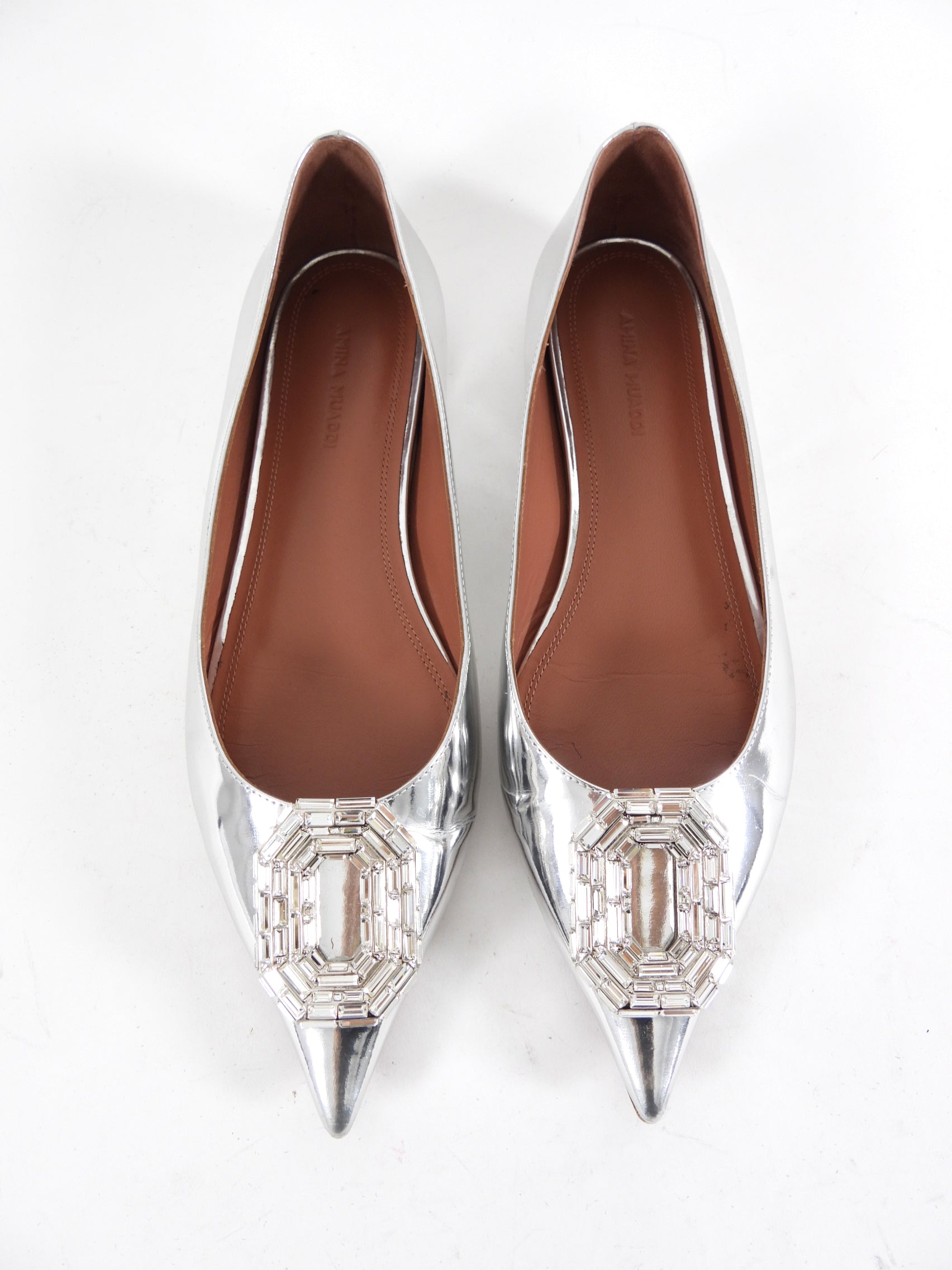 Amina Muaddi Silver Metallic Leather Crystal Embellished Ballet Flats - 8.5