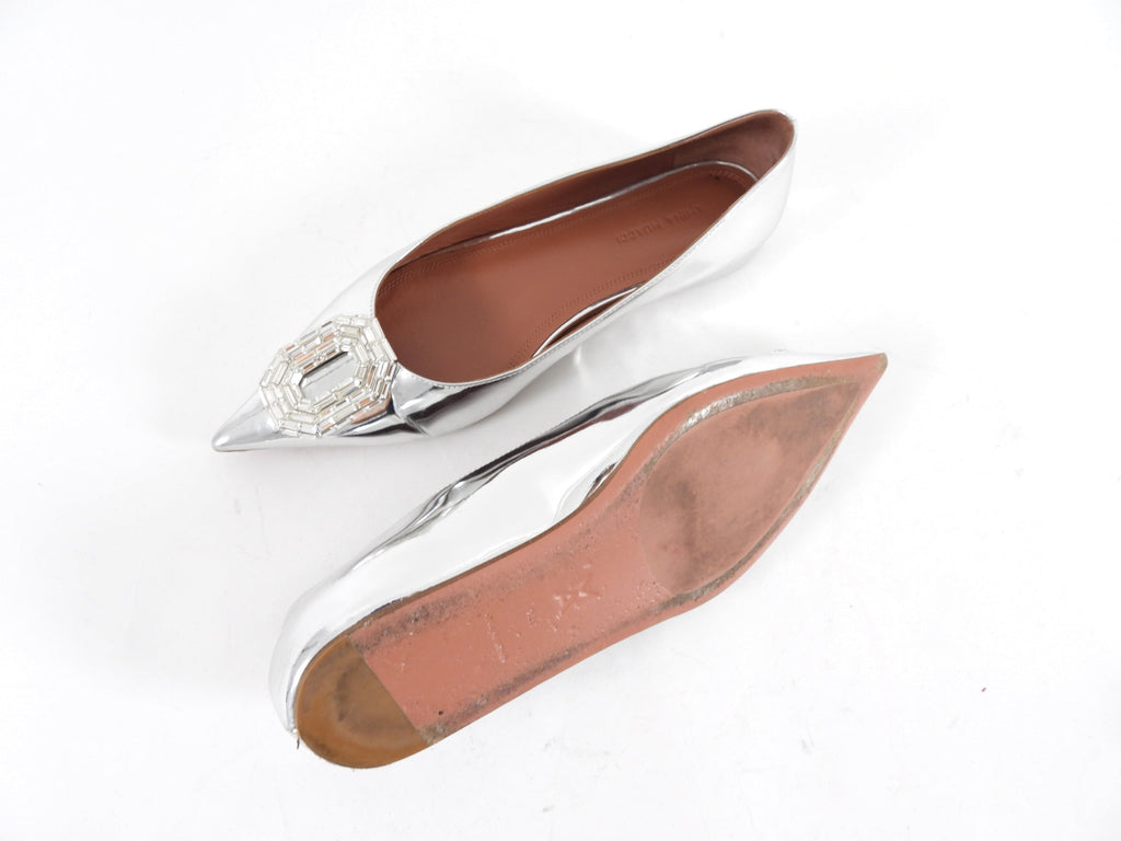 Amina Muaddi Silver Metallic Leather Crystal Embellished Ballet Flats - 8.5