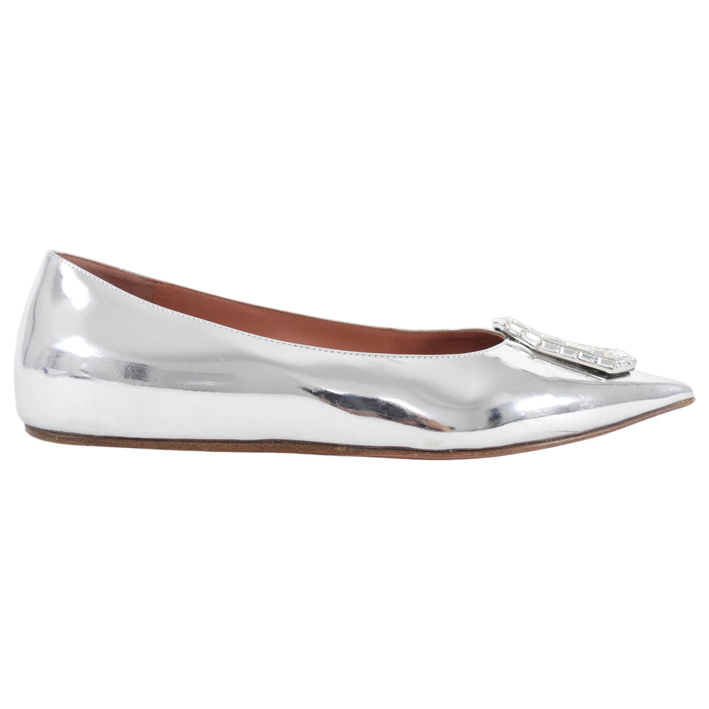 Amina Muaddi Silver Metallic Leather Crystal Embellished Ballet Flats - 8.5