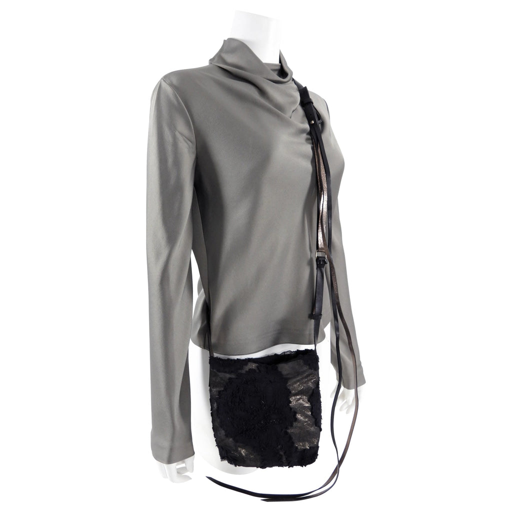 Ann Demeulemeester Pewter Metallic Leather Fabric Crossbody Bag