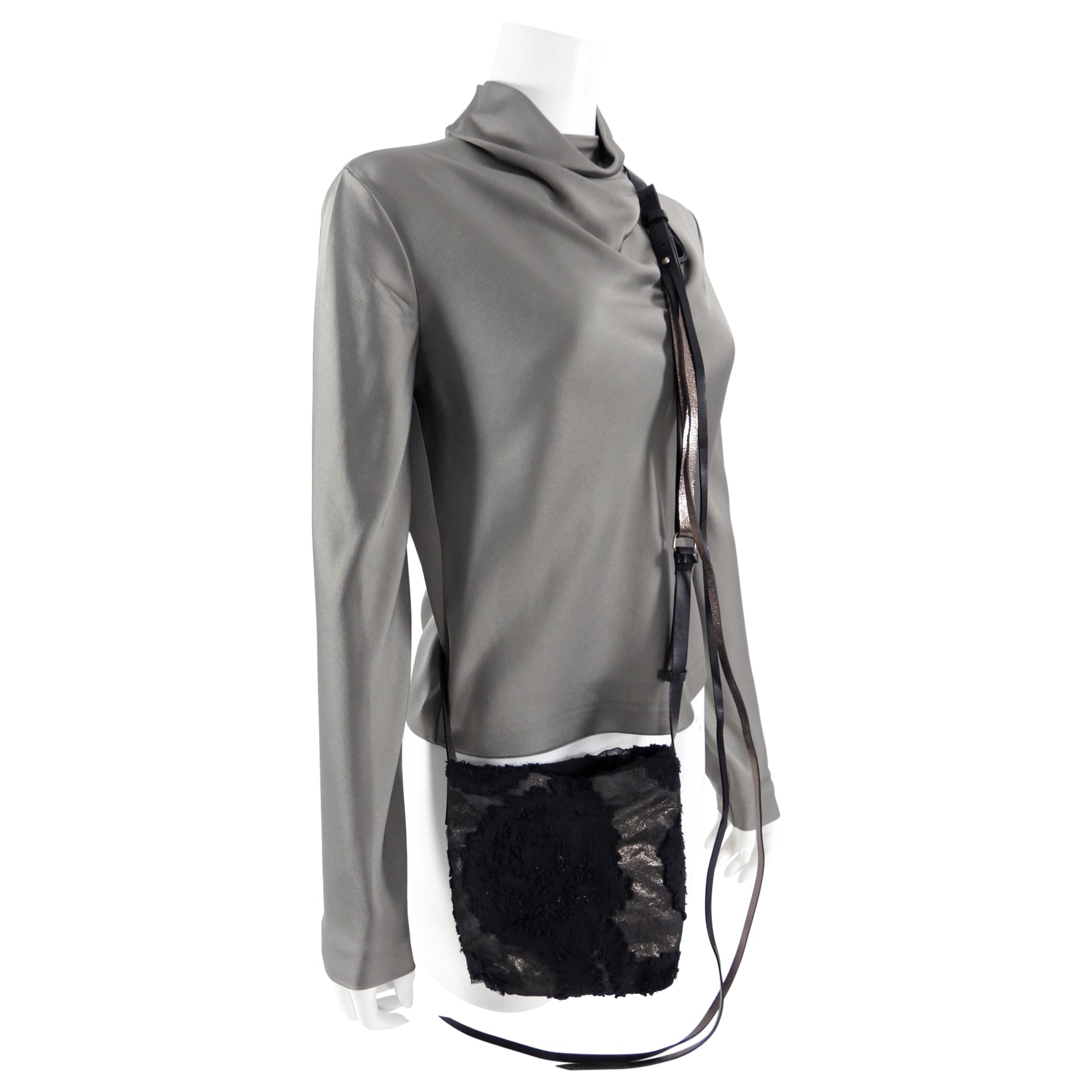 Ann Demeulemeester Pewter Metallic Leather Fabric Crossbody Bag