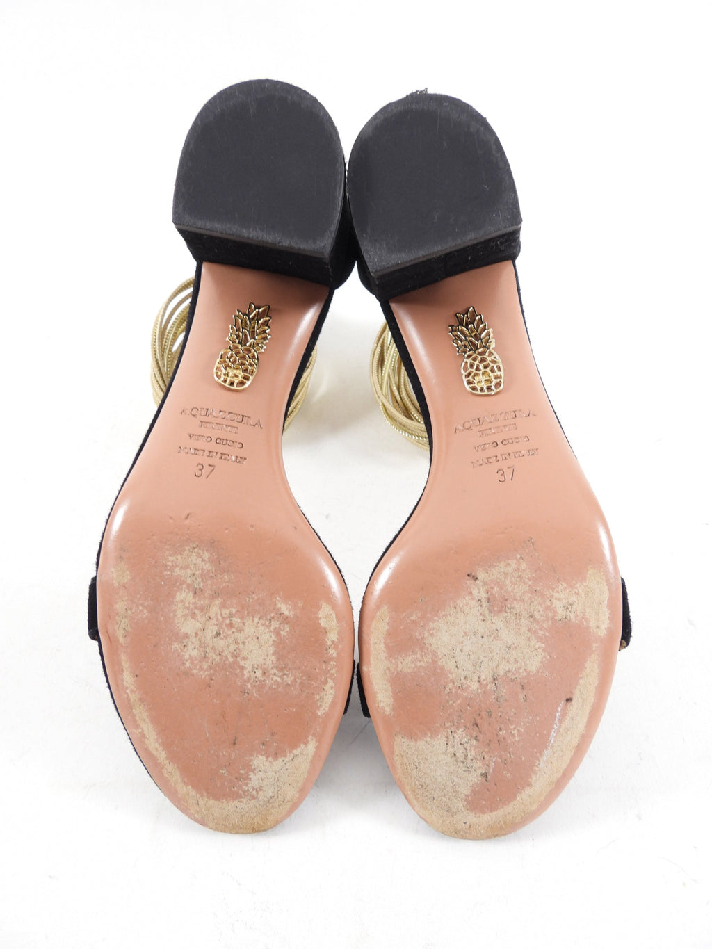Aquazzura Black Suede Sandal with Gold Ankle Strap - EU37
