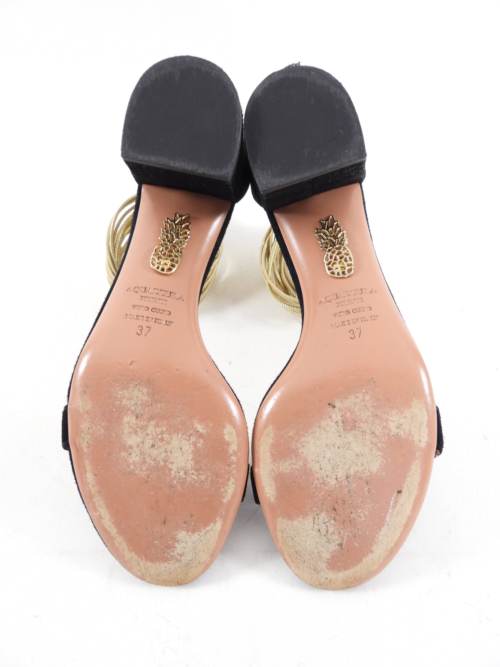 Aquazzura Black Suede Sandal with Gold Ankle Strap - EU37