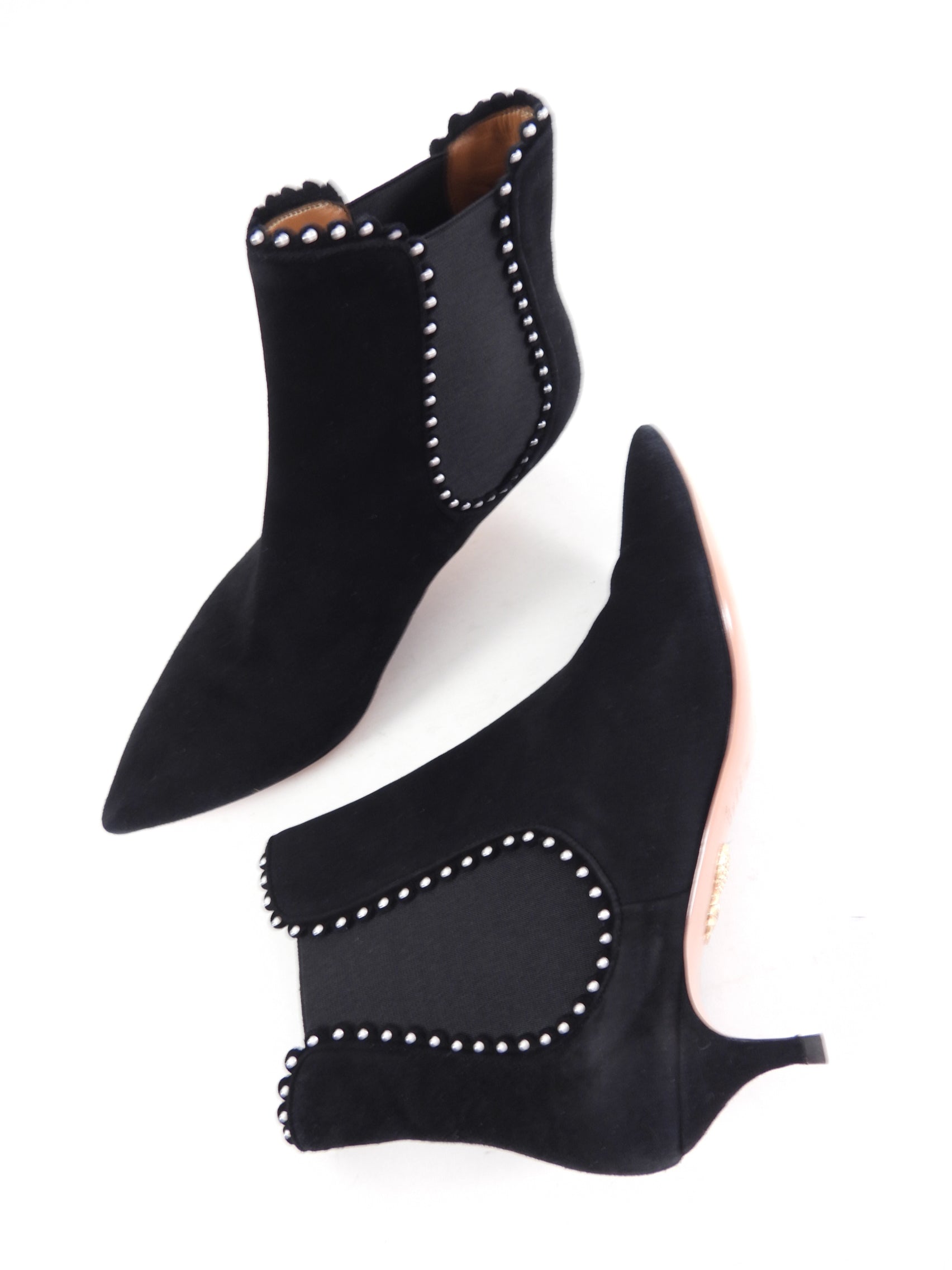 Aquazzura Black Suede and Silver Stud Kitten Ankle Boots - 39.5 / 9