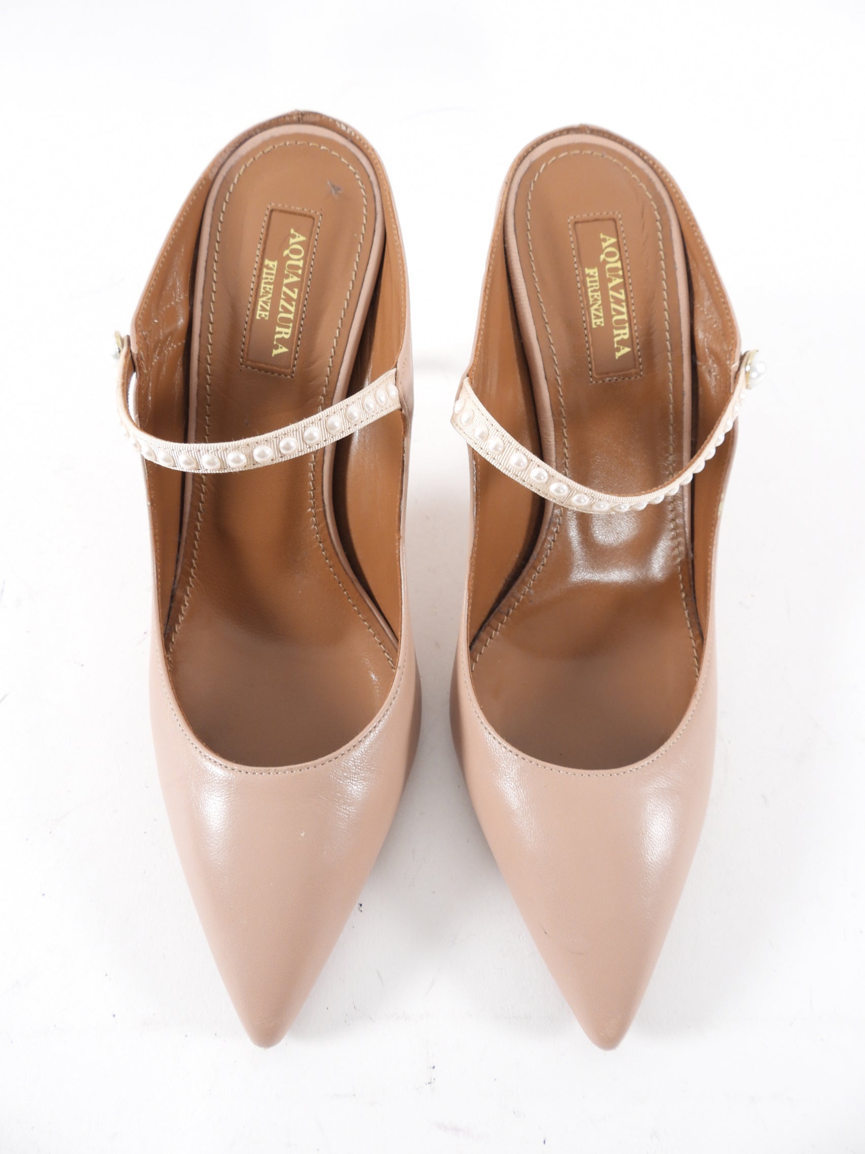 Aquazurra Nude Leather and Pearl Strap Mule Heels - 37
