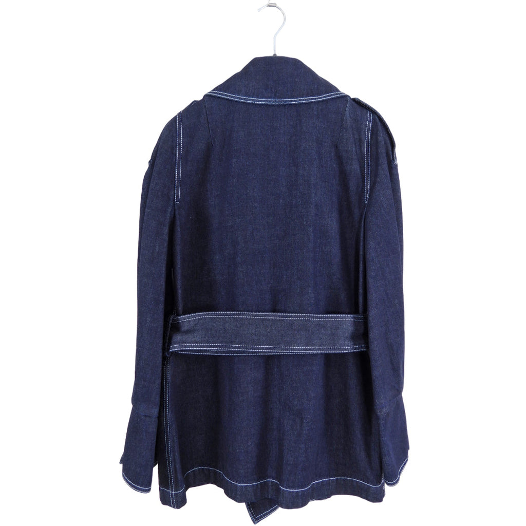 Giorgio Armani Blue Denim Eyelet Embroidered Short Trench Jacket - 42 / USA 6