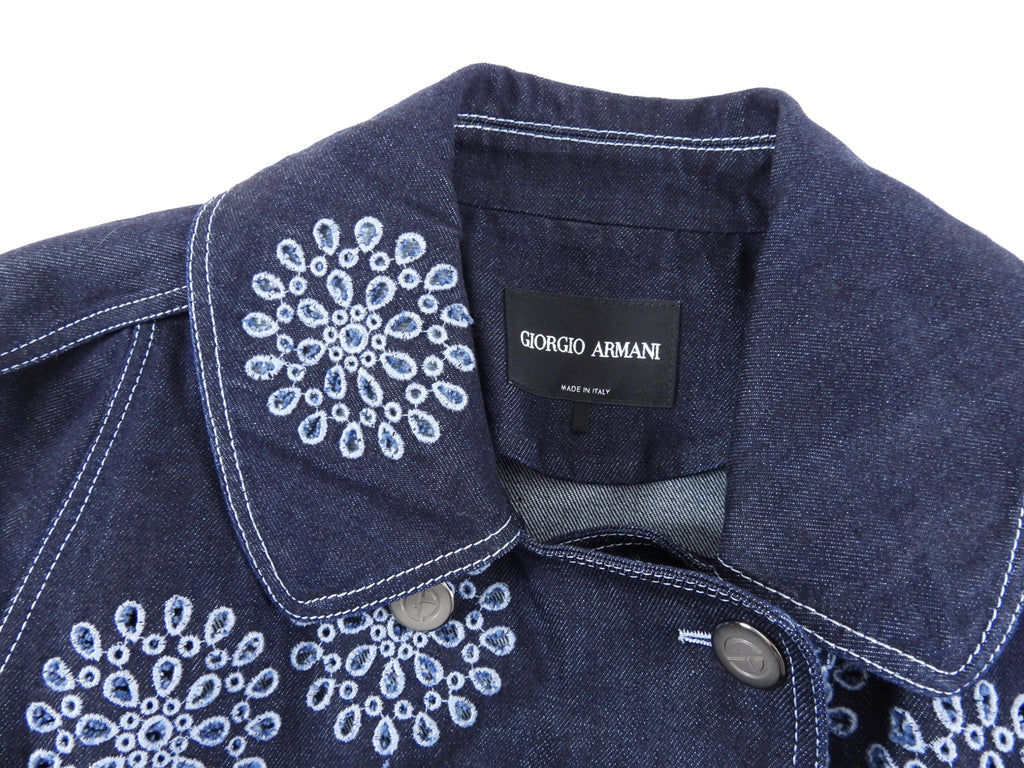 Giorgio Armani Blue Denim Eyelet Embroidered Short Trench Jacket - 42 / USA 6