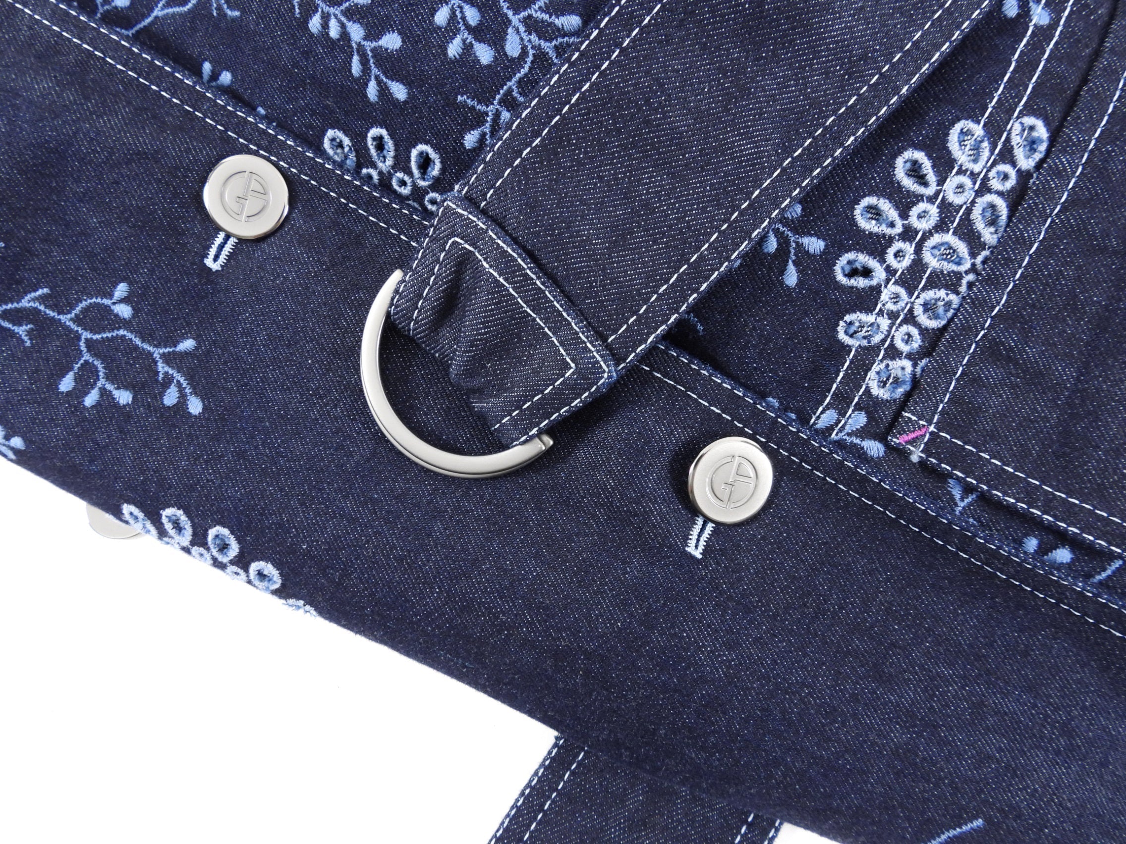 Giorgio Armani Blue Denim Eyelet Embroidered Short Trench Jacket - 42 / USA 6