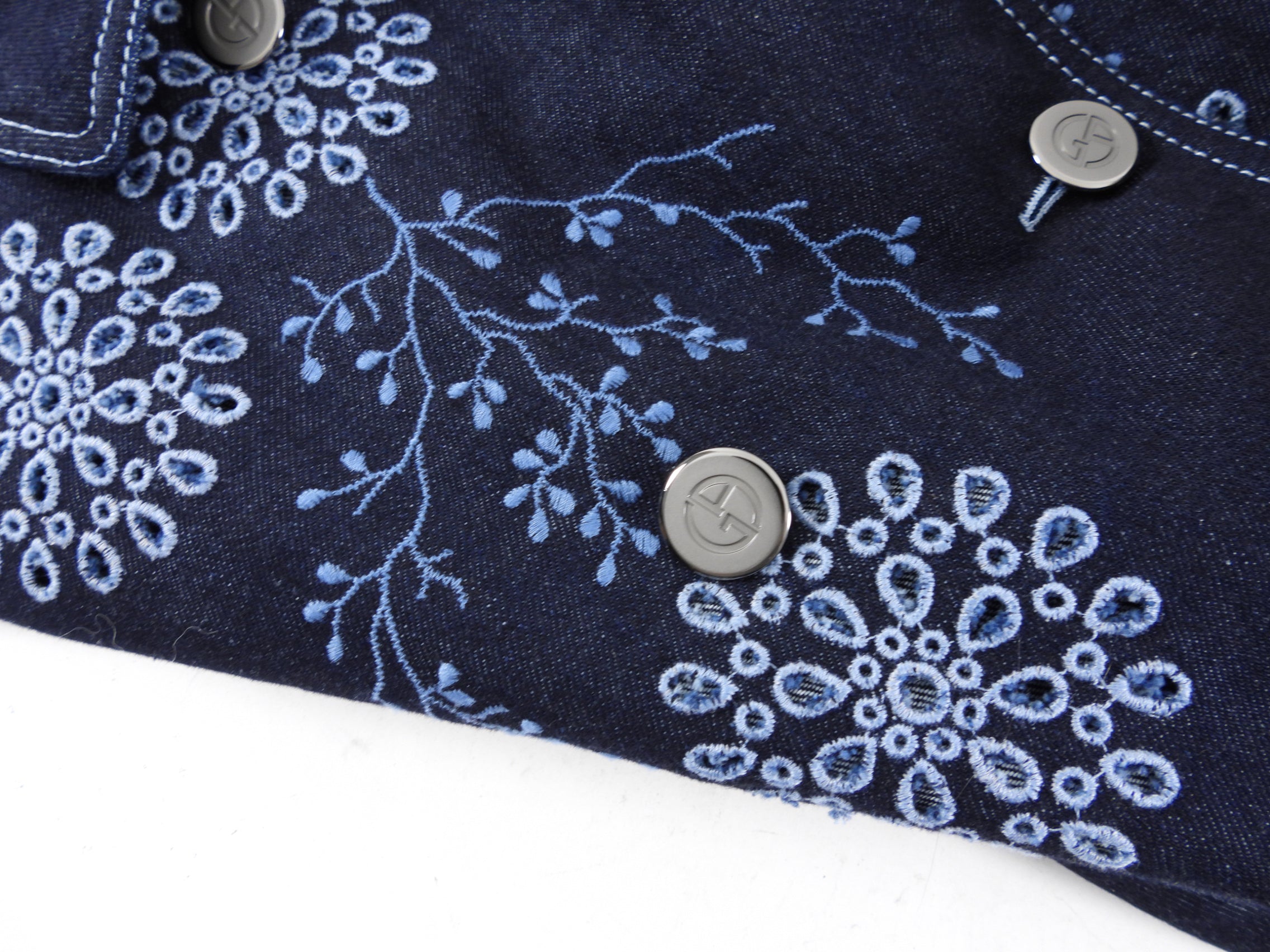 Giorgio Armani Blue Denim Eyelet Embroidered Short Trench Jacket - 42 / USA 6