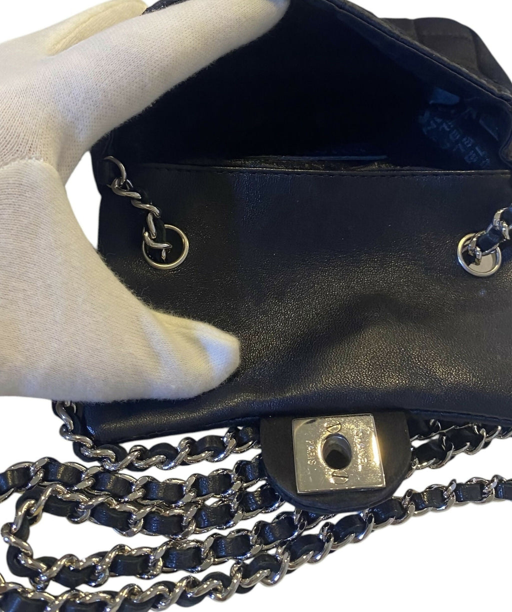 Chanel 04A Black Satin Mini Micro Square Quilted Lipstick Mirror Charm Flap Bag