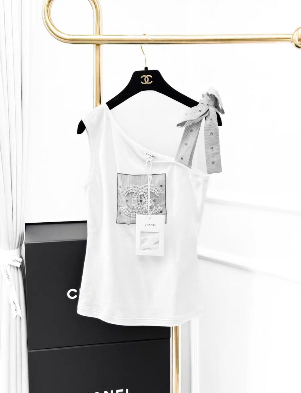 Chanel 24P white double C one shoulder top