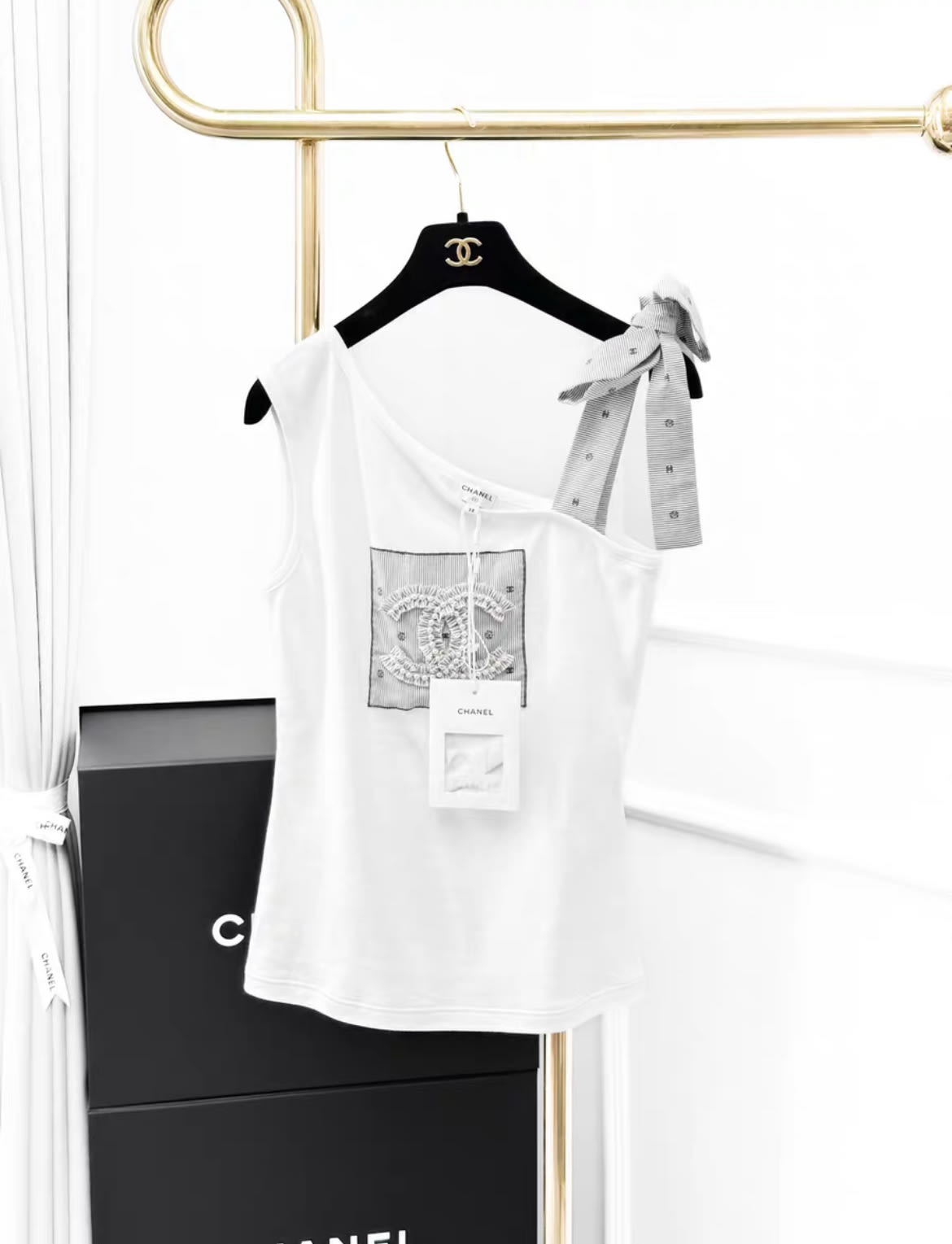 Chanel 24P white double C one shoulder top