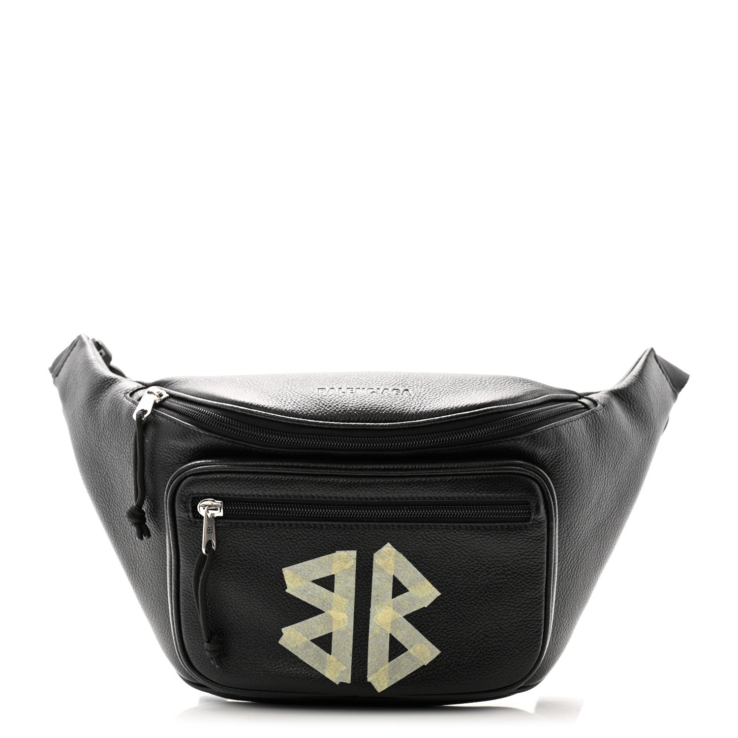 Grained Calfskin Tape Logo Explorer Belt Bag Black White