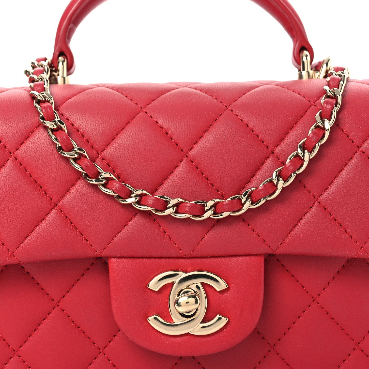 Lambskin Quilted Mini Top Handle Rectangular Flap Red