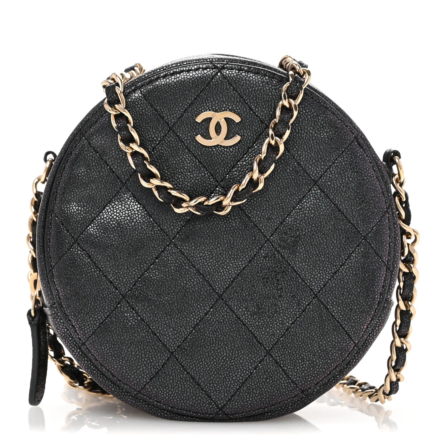 Iridescent Caviar Quilted Round Clutch With Chain Black