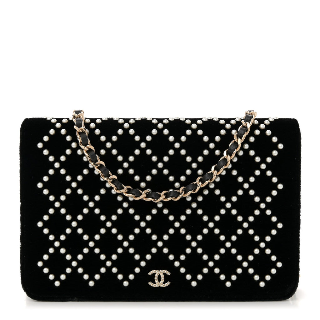 Velvet Pearl Diamond Embellished Wallet On Chain WOC Black