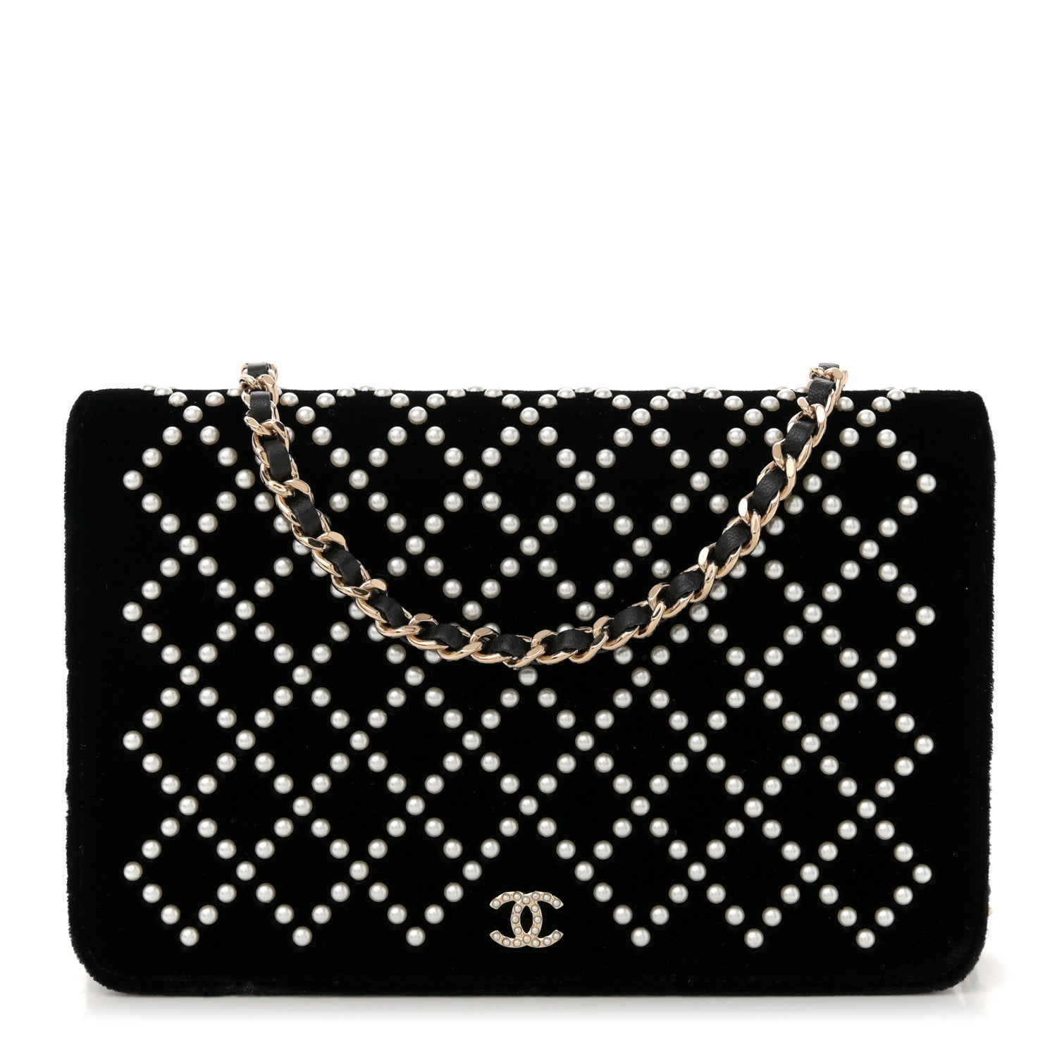 Velvet Pearl Diamond Embellished Wallet On Chain WOC Black