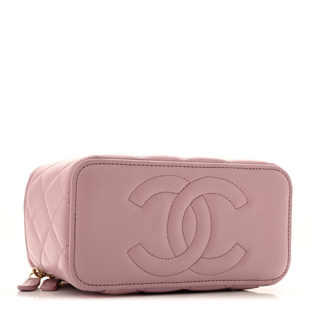 Lambskin Quilted Small Top Handle Vanity Case With Chain Pink