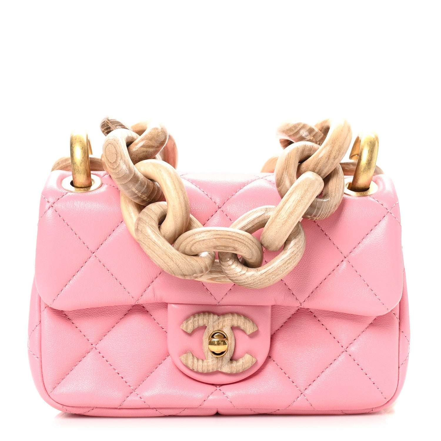 Lambskin Wenge Quilted Mini Fashion Wood Square Flap Pink