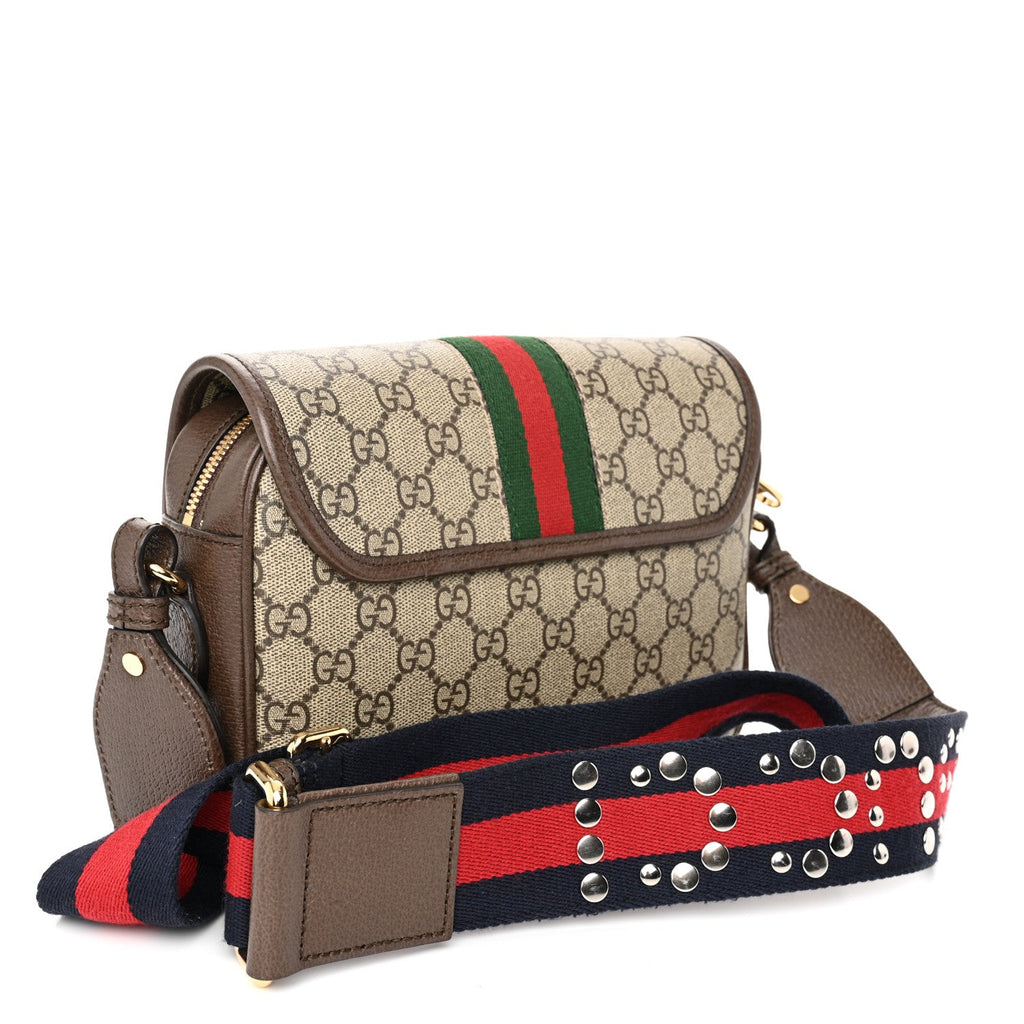 GG Supreme Monogram Textured Dollar Calfskin Web Studded Mini Ophidia Flap Shoulder Bag Beige Ebony New Acero