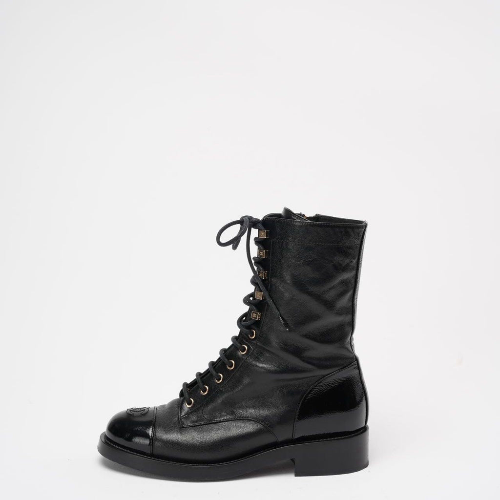 Chanel Black Calfskin Lace Up Combat Boots 39