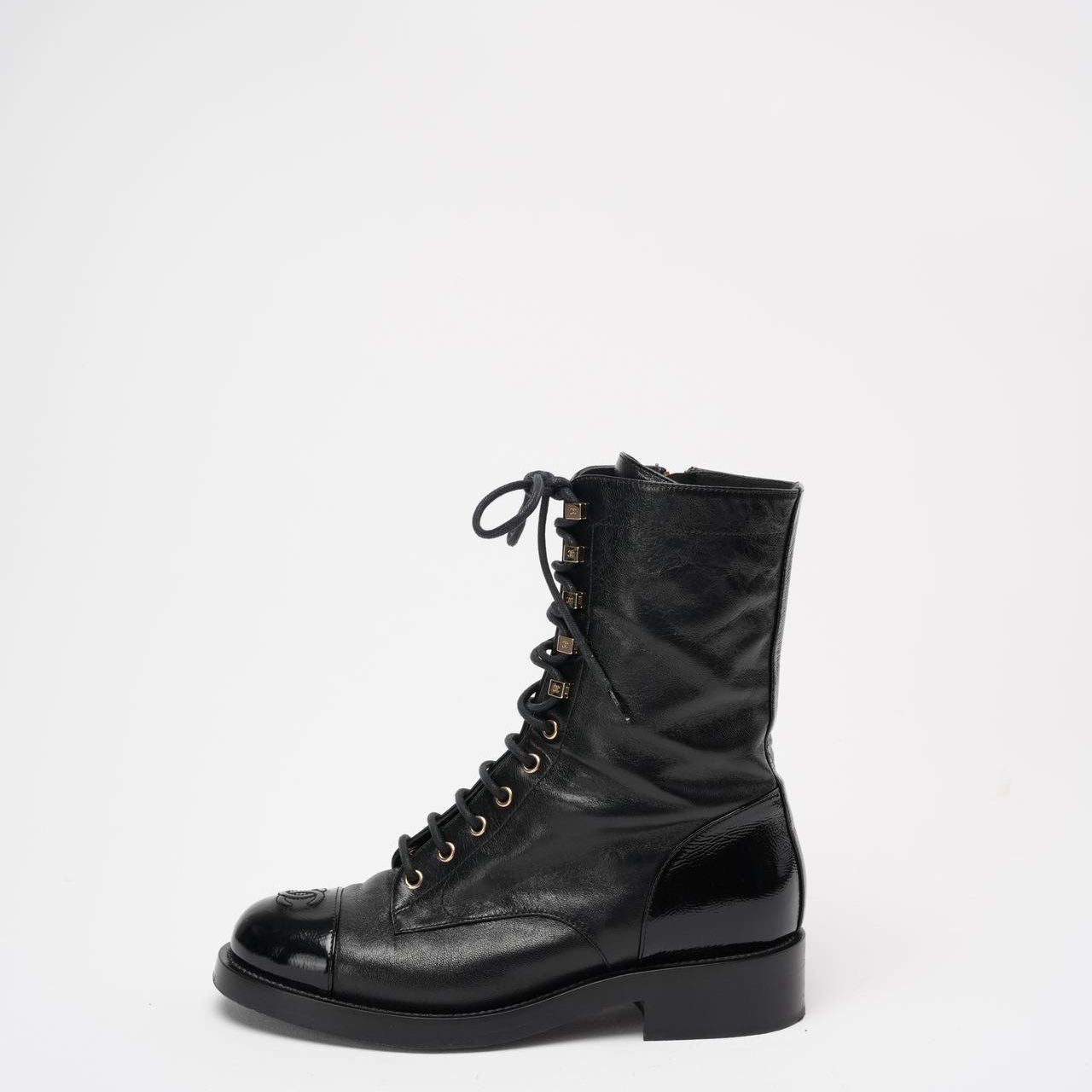 Chanel Black Calfskin Lace Up Combat Boots 39