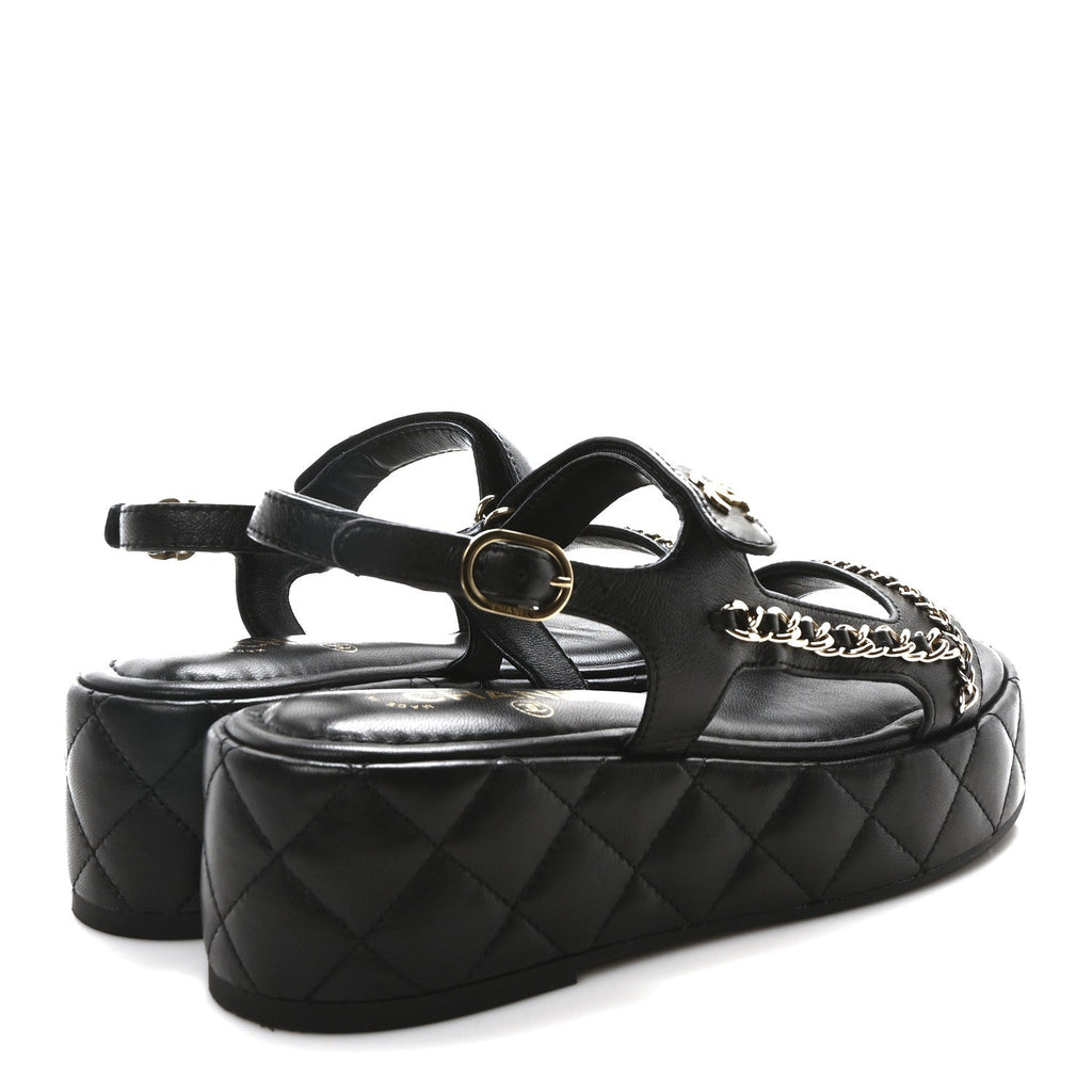 Lambskin Quilted Chain CC Platform Sandals 37.5 Black