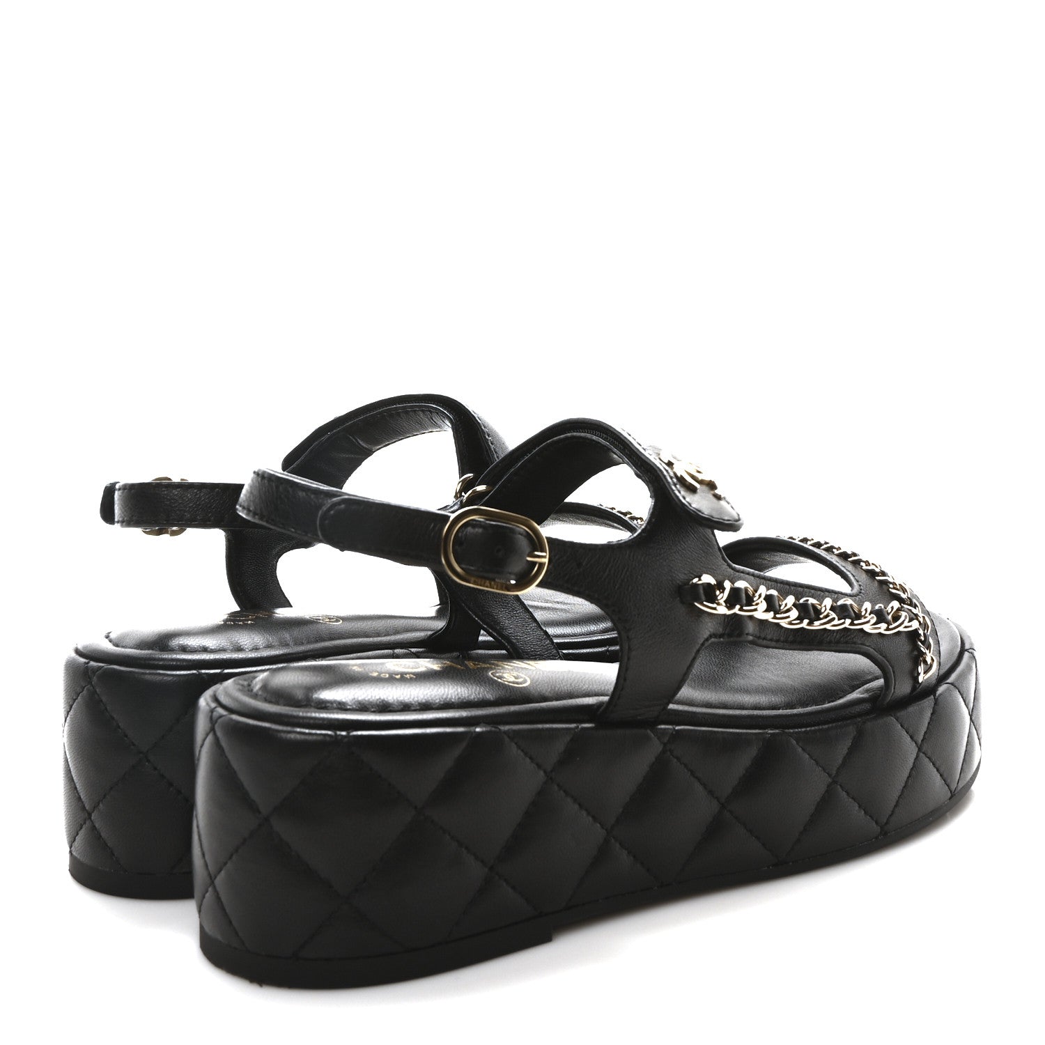 Lambskin Quilted Chain CC Platform Sandals 37.5 Black